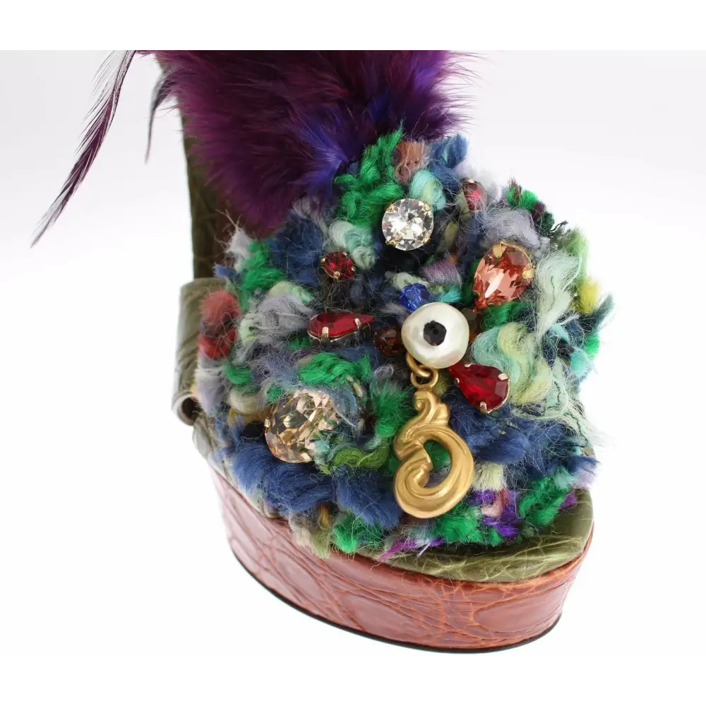 Dolce & Gabbana Grüne Leder Kristall Plateau Sandale Schuhe