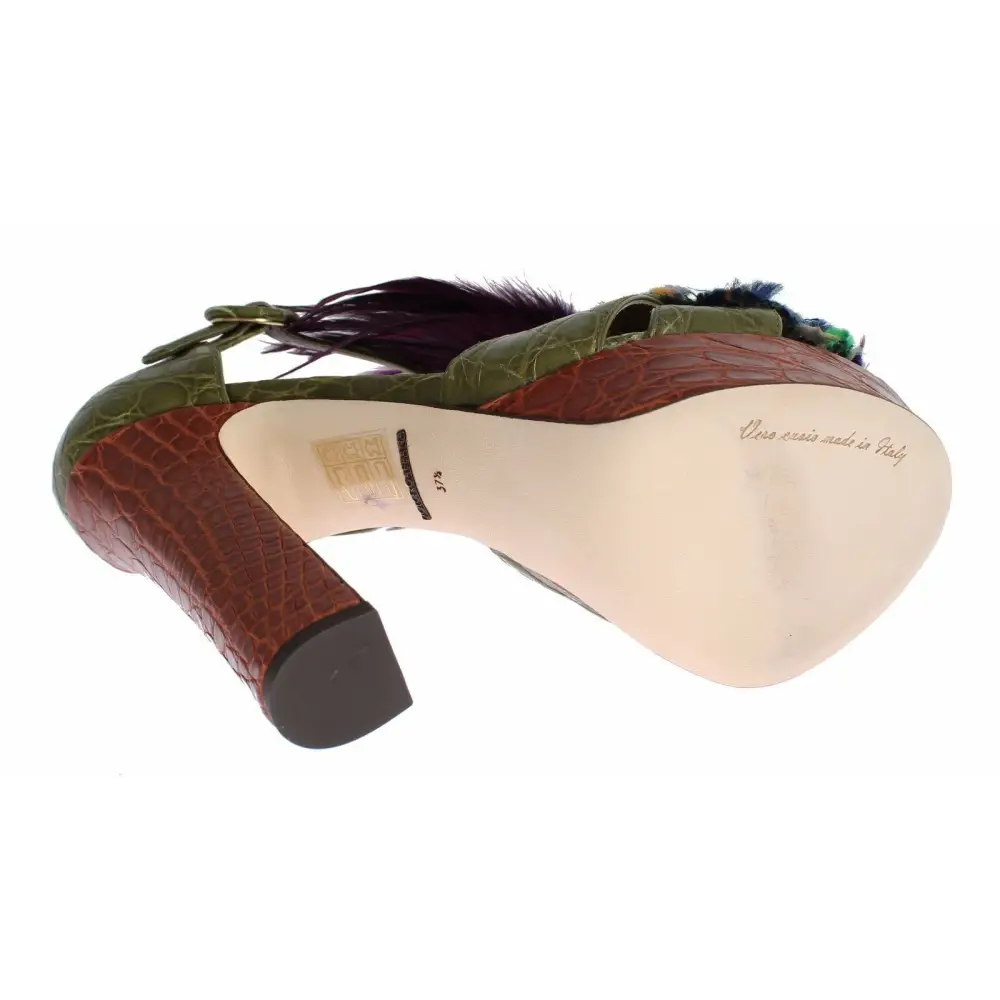 Dolce & Gabbana Grüne Leder Kristall Plateau Sandale Schuhe