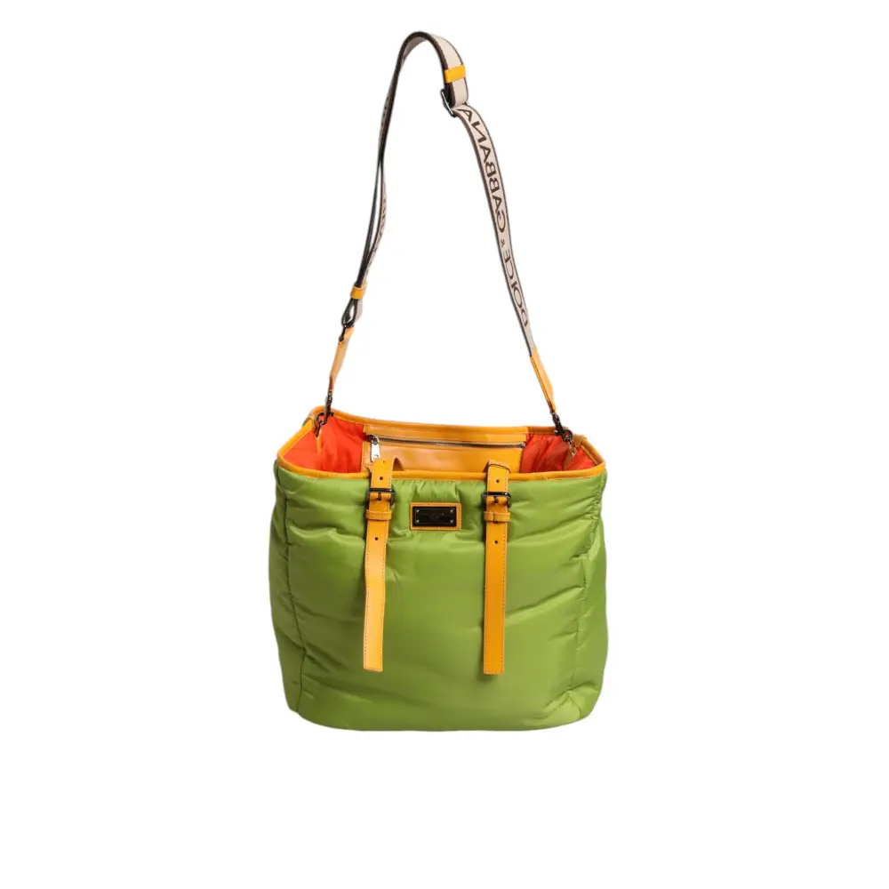Dolce & Gabbana Grüne Nylon gepolsterte Logo Plaque Tote Umhängetasche