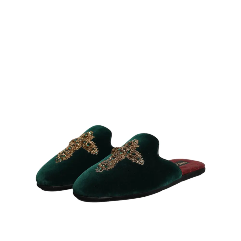 Dolce & Gabbana Grüner Samt Kreuz verschönert Pantoffeln Schuhe