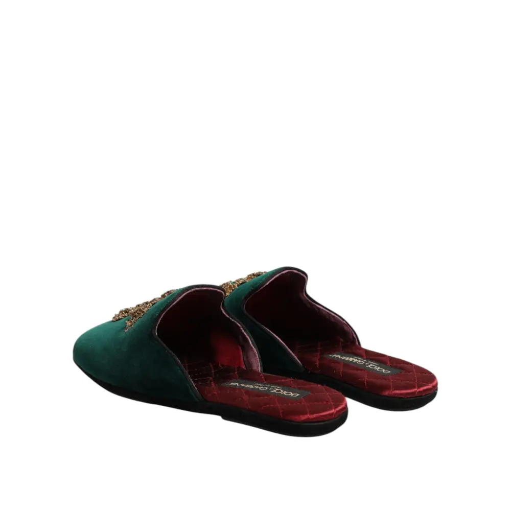 Dolce & Gabbana Grüner Samt Kreuz verschönert Pantoffeln Schuhe