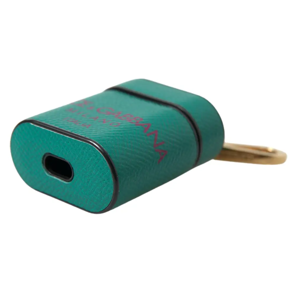 Dolce & Gabbana Grünes kastanienbraunes Kalbsleder Logo Print Riemen Airpods Etui