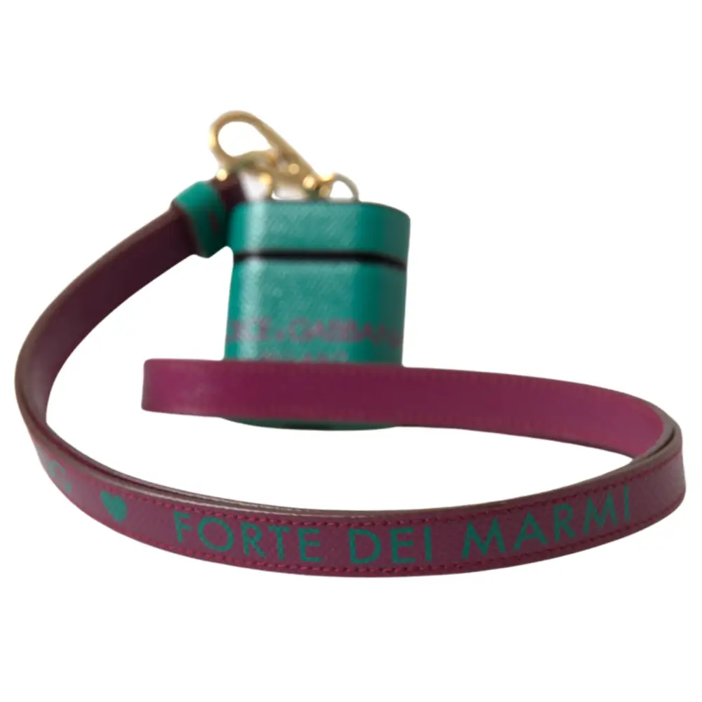 Dolce & Gabbana Grünes kastanienbraunes Kalbsleder Logo Print Riemen Airpods Etui