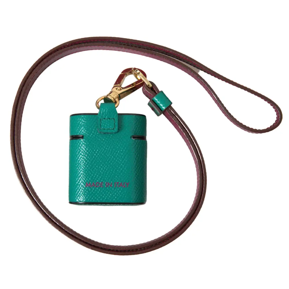 Dolce & Gabbana Grünes kastanienbraunes Kalbsleder Logo Print Riemen Airpods Etui
