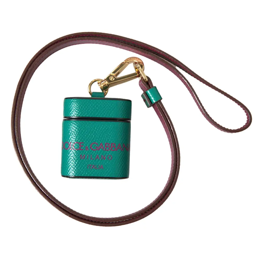 Dolce & Gabbana Grünes kastanienbraunes Kalbsleder Logo Print Riemen Airpods Etui