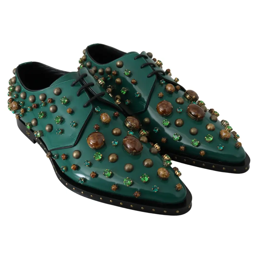 Dolce & Gabbana Grünes Leder Kristall Kleid Broque Schuhe - EU41/US10.5