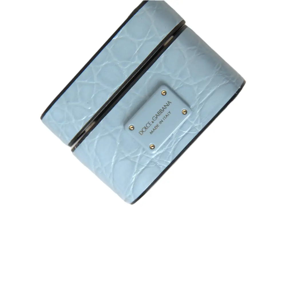 Dolce & Gabbana Hellblaue Leder Metall Logo Plaque Airpods Tasche