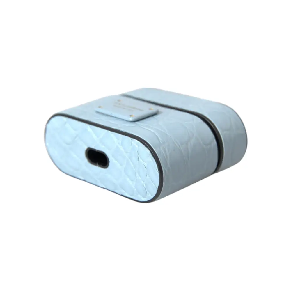 Dolce & Gabbana Hellblaue Leder Metall Logo Plaque Airpods Tasche