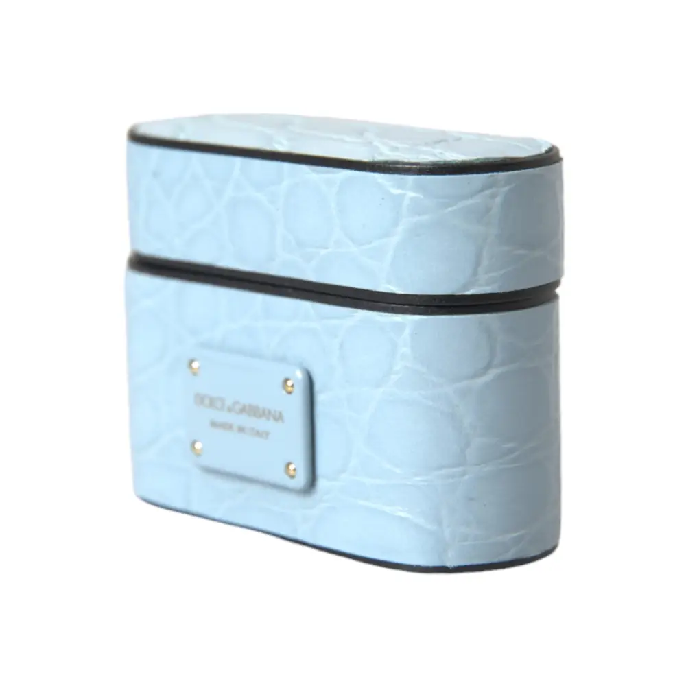 Dolce & Gabbana Hellblaue Leder Metall Logo Plaque Airpods Tasche