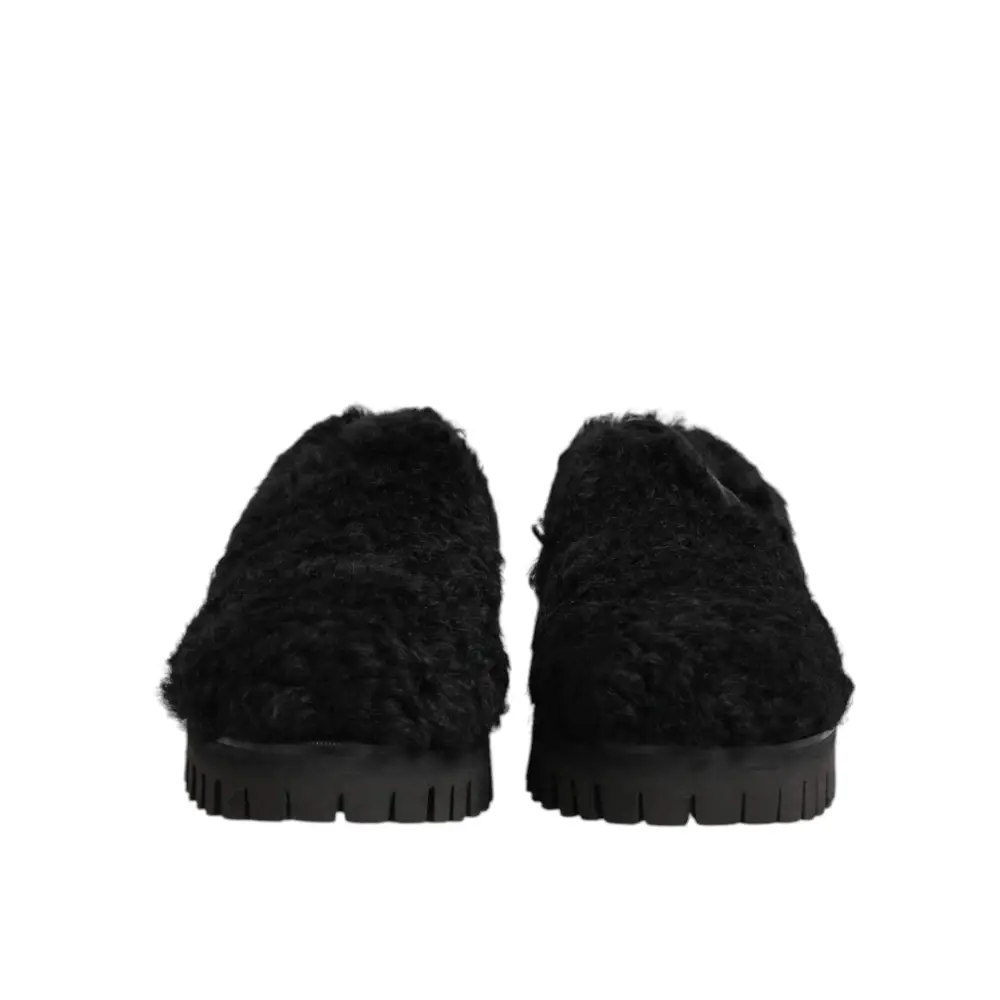 Dolce & Gabbana Kleid Schwarz Pelz Leder Hausschuhe Männer Schuhe