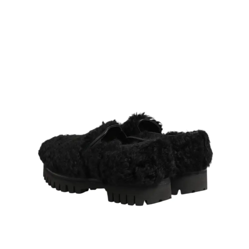 Dolce & Gabbana Kleid Schwarz Pelz Leder Hausschuhe Männer Schuhe