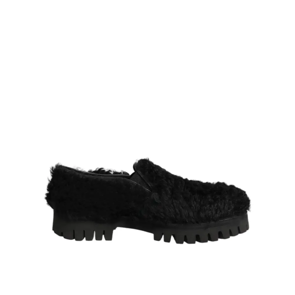Dolce & Gabbana Kleid Schwarz Pelz Leder Hausschuhe Männer Schuhe