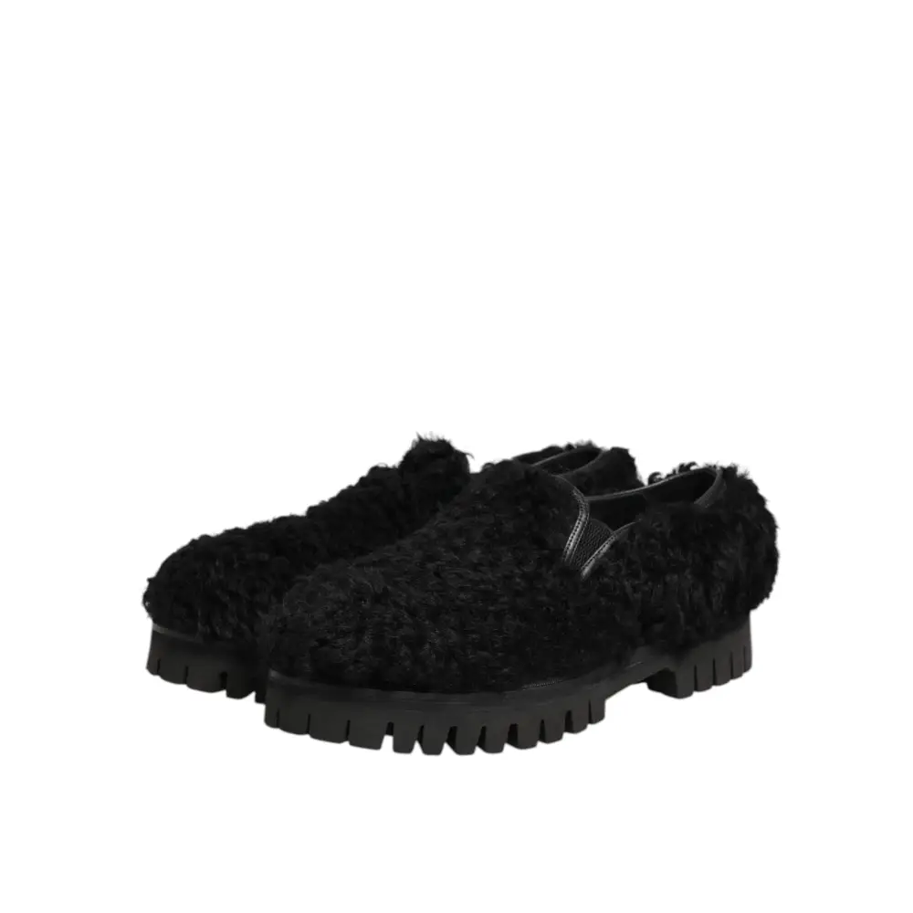 Dolce & Gabbana Kleid Schwarz Pelz Leder Hausschuhe Männer Schuhe