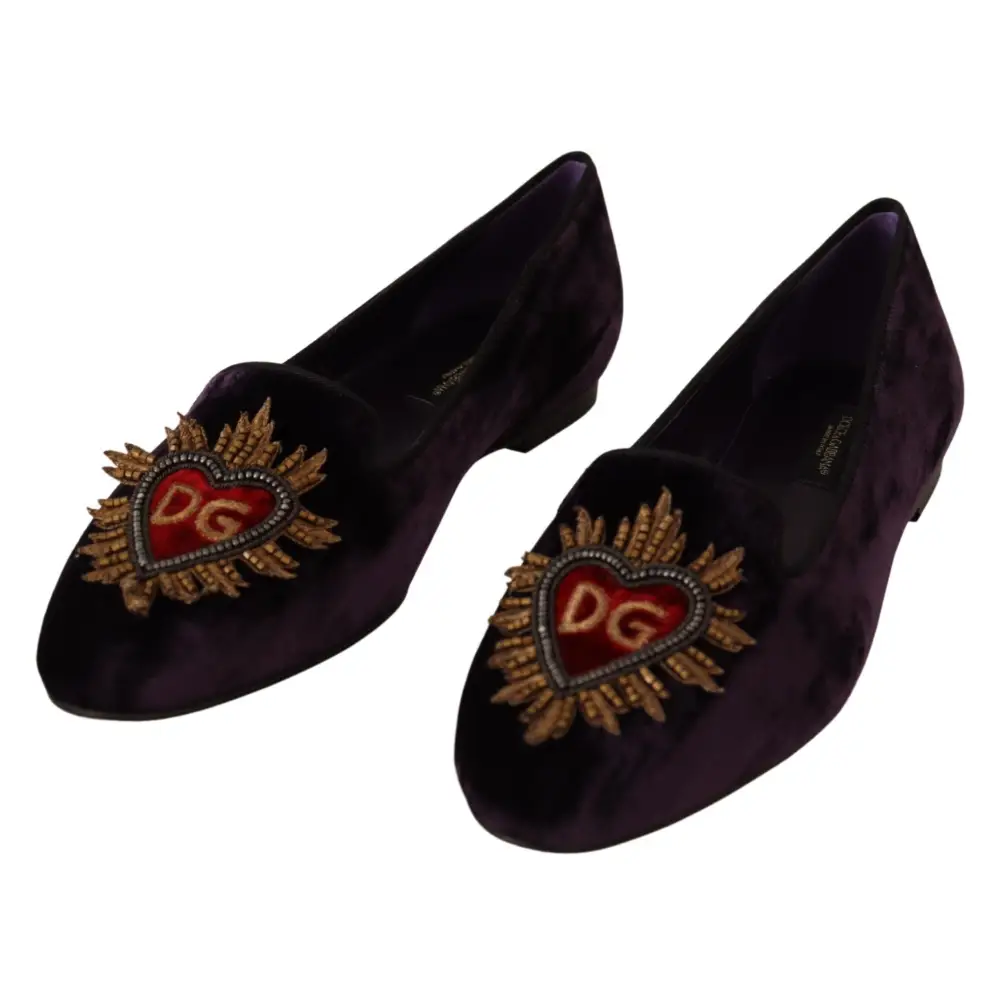 Dolce & Gabbana Lila Samt DG Herz Loafers Flats Schuhe