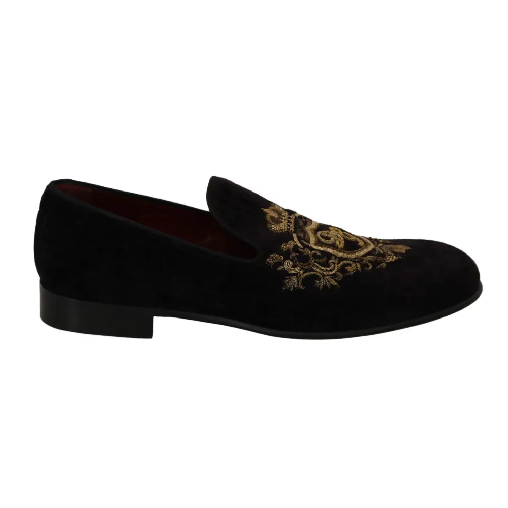 Dolce & Gabbana Loafers Schwarzer Samt Goldkrone - EU39/US6