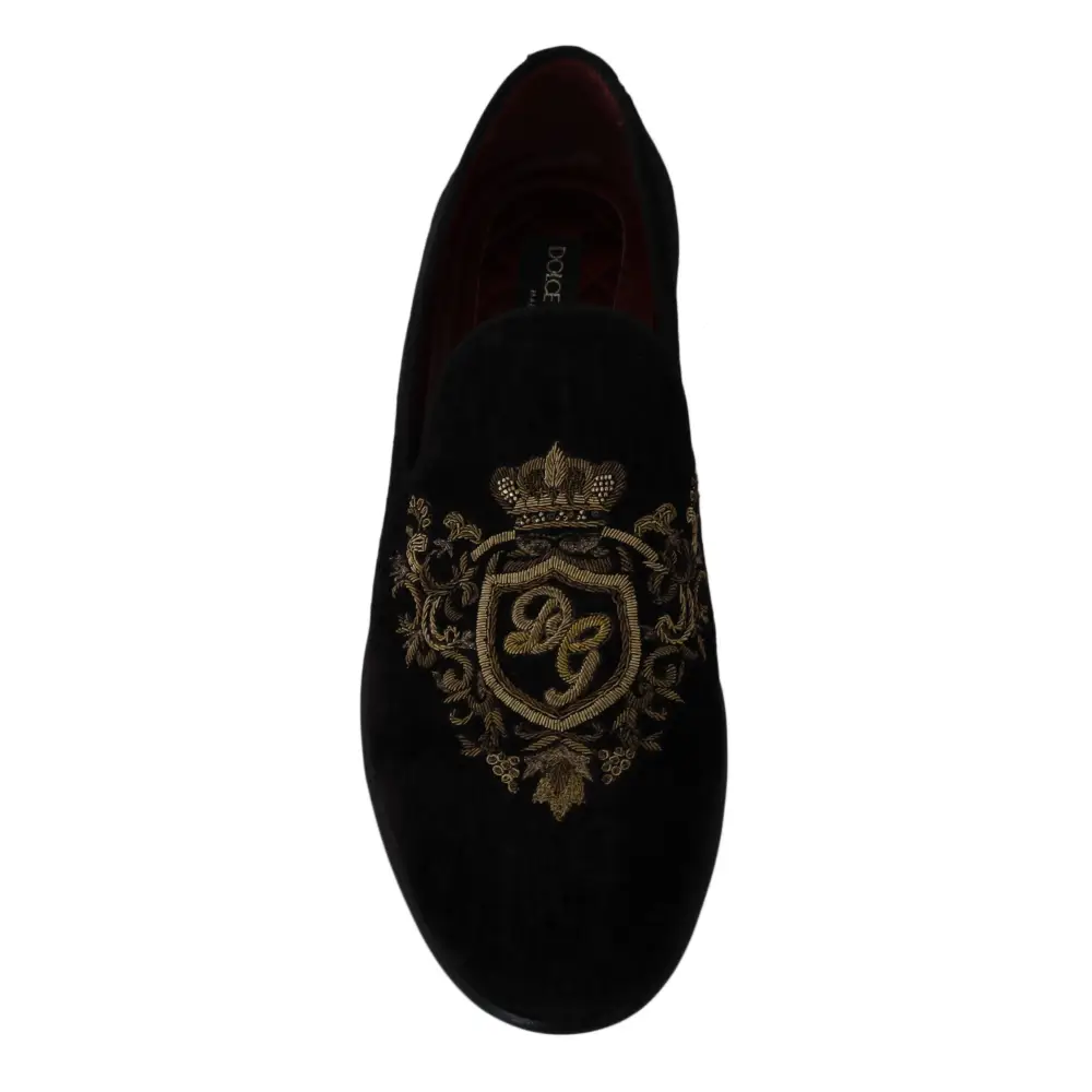 Dolce & Gabbana Loafers Schwarzer Samt Goldkrone - EU39/US6
