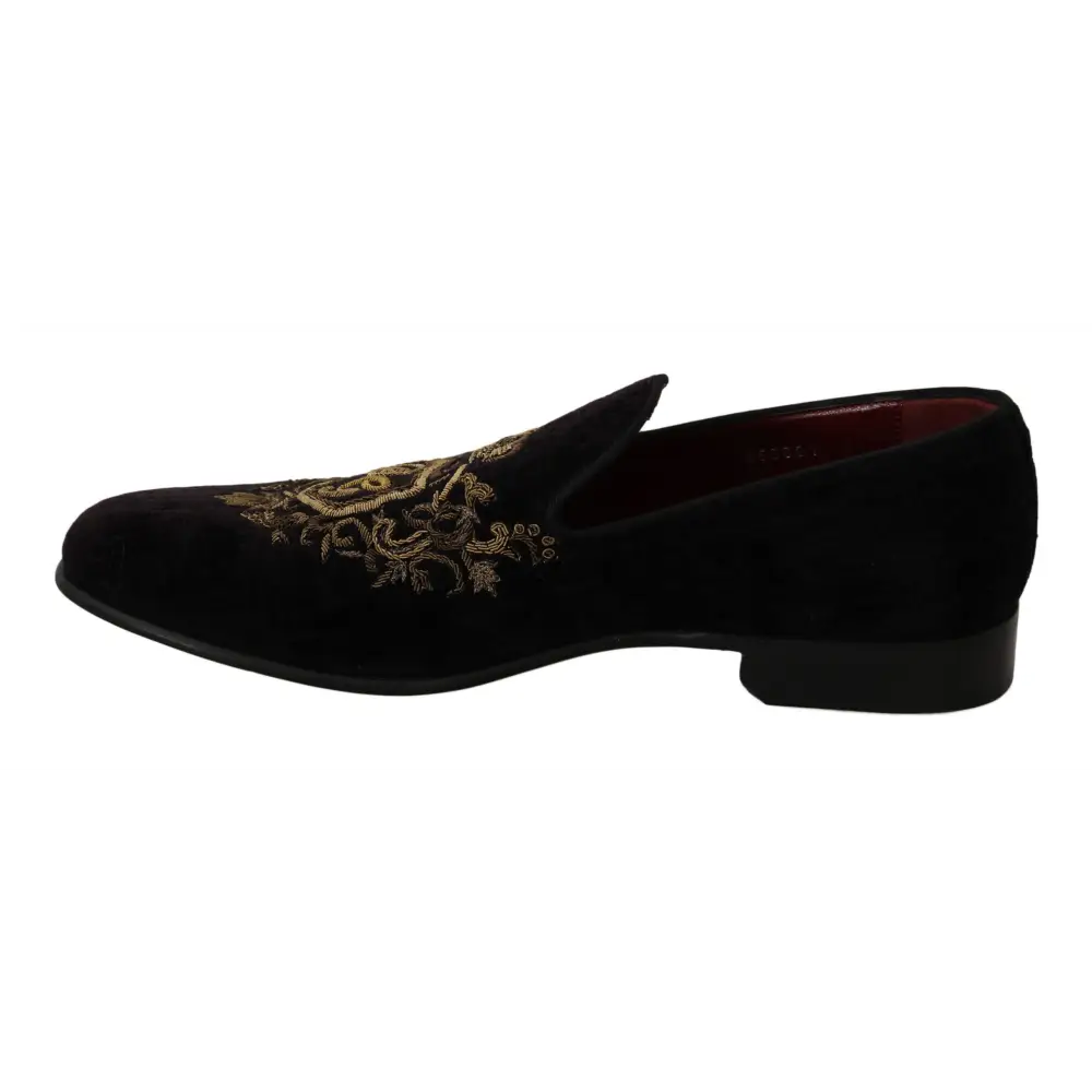 Dolce & Gabbana Loafers Schwarzer Samt Goldkrone - EU39/US6