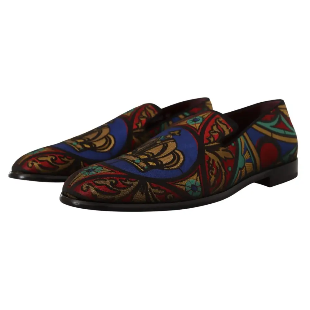 Dolce & Gabbana Multicolor Jacquard Krone Hausschuhe Loafers Schuhe