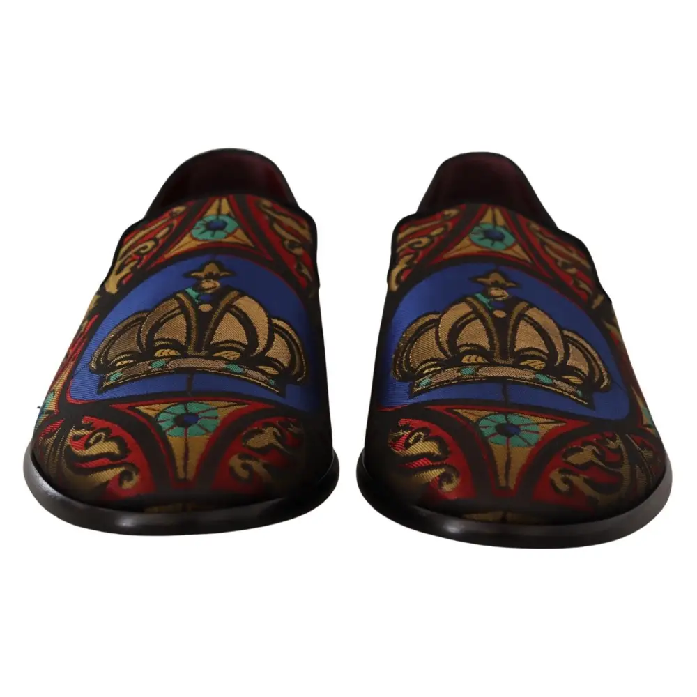 Dolce & Gabbana Multicolor Jacquard Krone Hausschuhe Loafers Schuhe