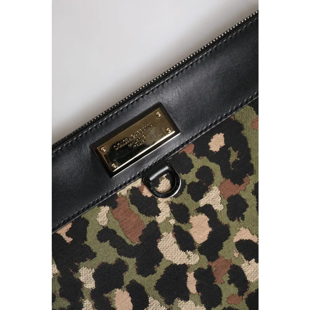 Dolce & Gabbana Multicolor Leopard Jacquard Print Logo Plaque Pouch Tasche