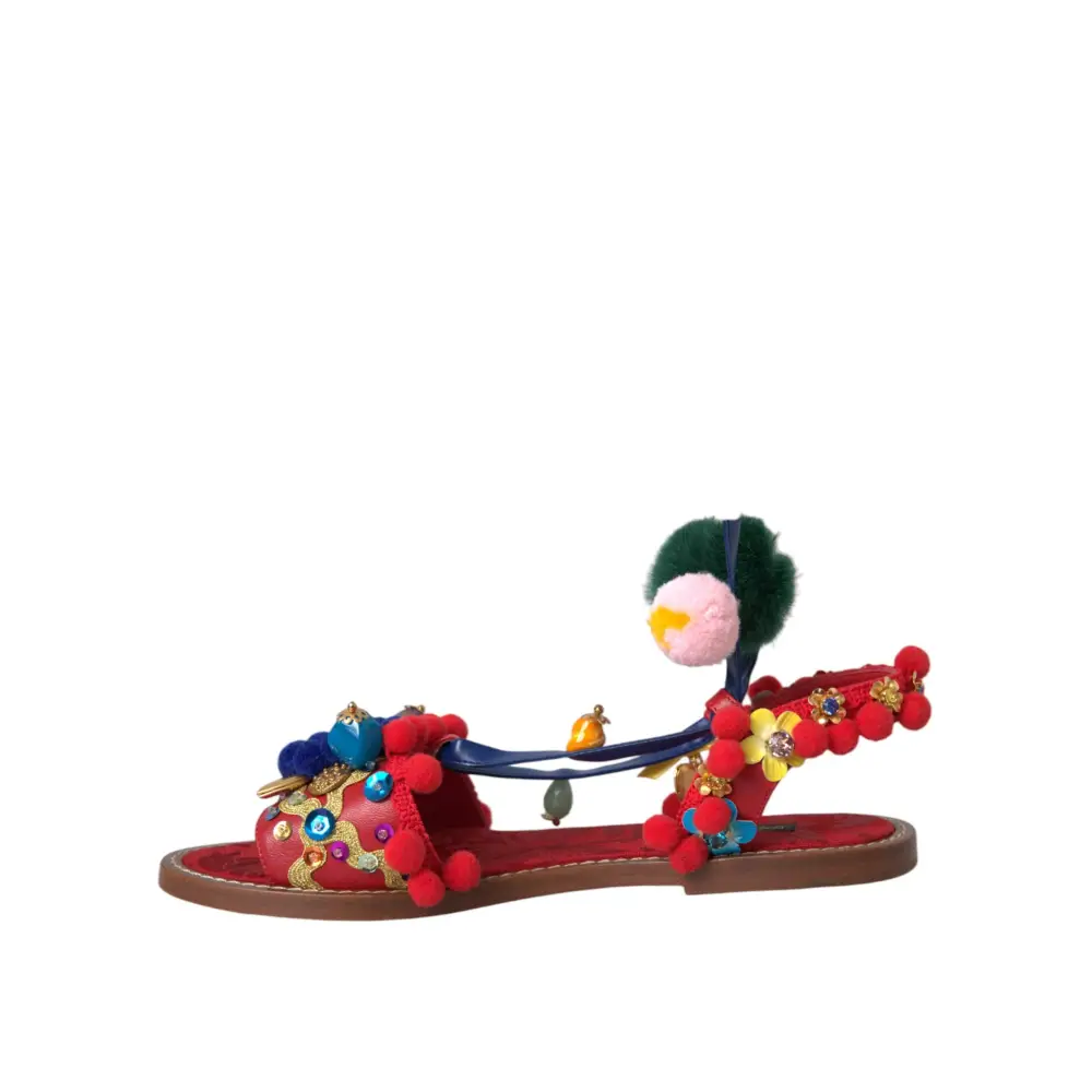 Dolce & Gabbana Multicolor Pom Pom Pelz Wrap Sandalen Schuhe