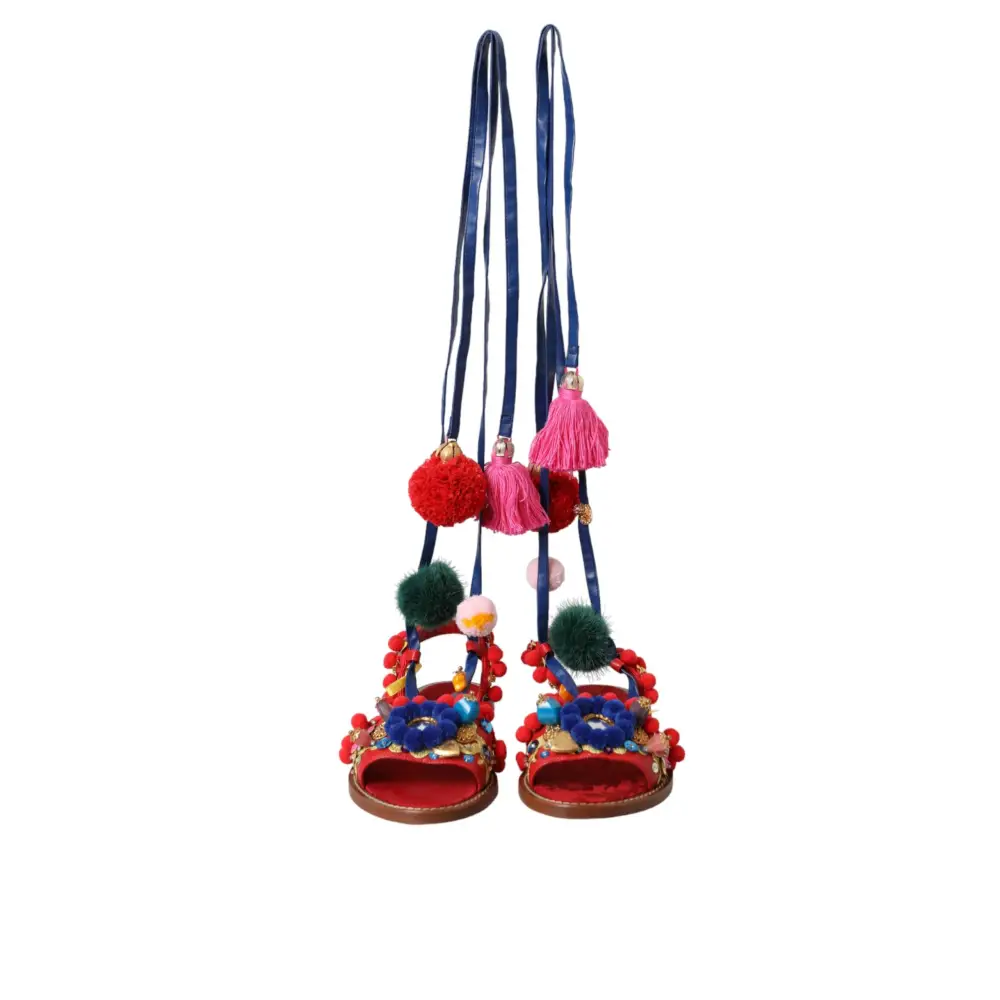Dolce & Gabbana Multicolor Pom Pom Pelz Wrap Sandalen Schuhe