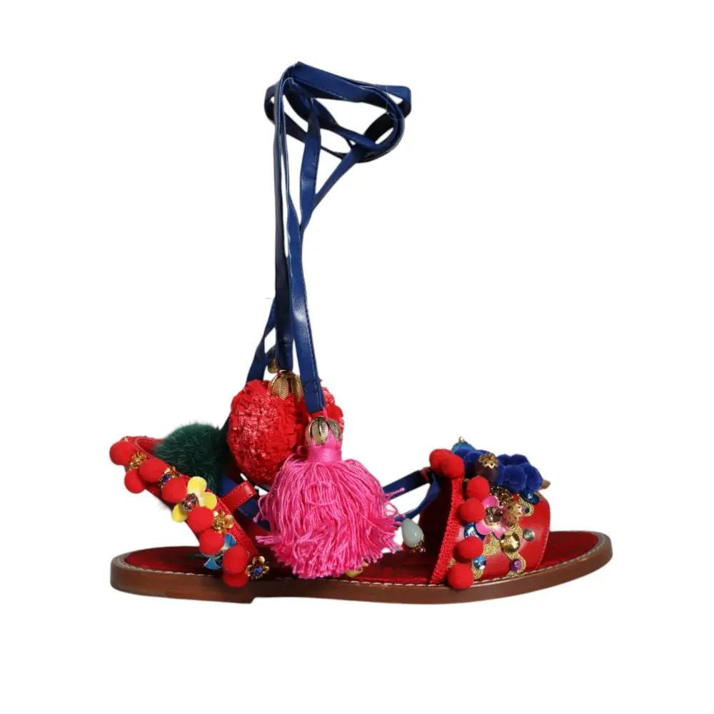 Dolce & Gabbana Multicolor Pom Pom Pelz Wrap Sandalen Schuhe - EU38/US7.5