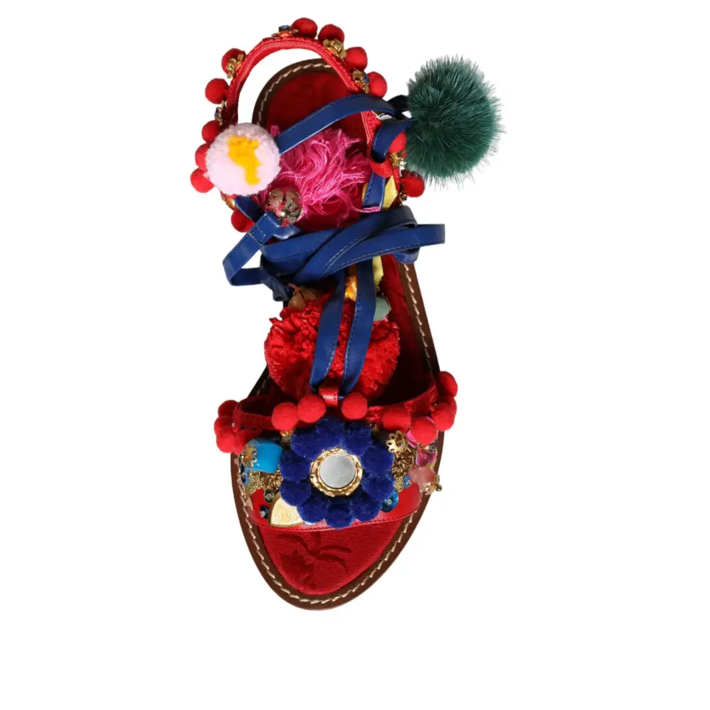 Dolce & Gabbana Multicolor Pom Pom Pelz Wrap Sandalen Schuhe - EU38/US7.5