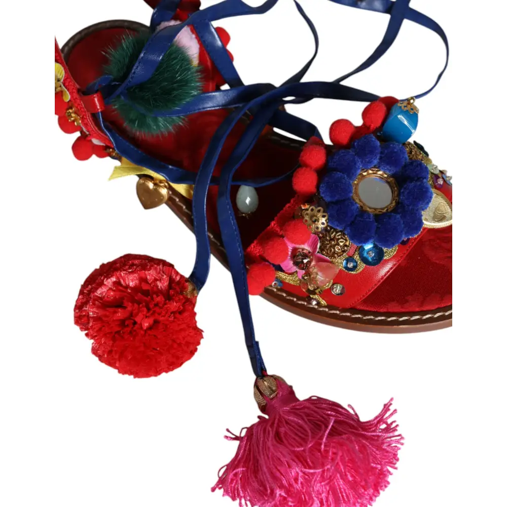 Dolce & Gabbana Multicolor Pom Pom Pelz Wrap Sandalen Schuhe - EU38/US7.5