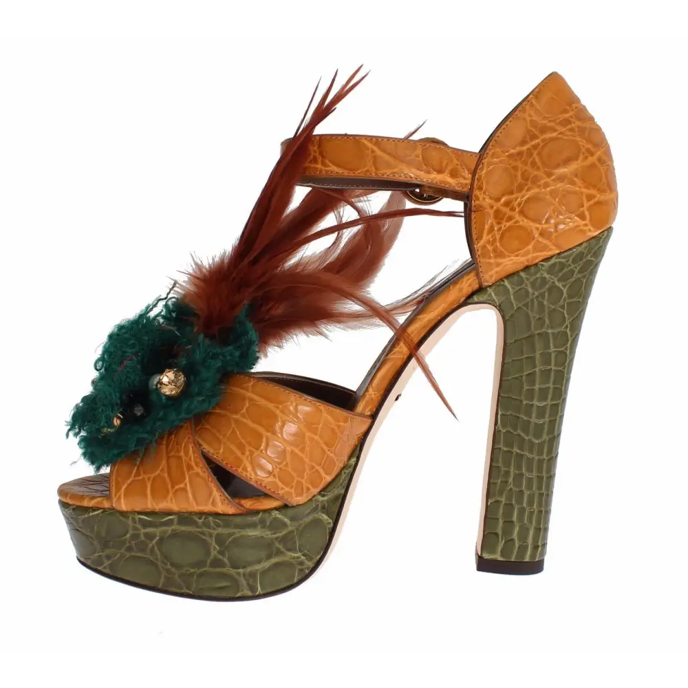 Dolce & Gabbana Orange Leder Kristall Plateau Sandale Schuhe