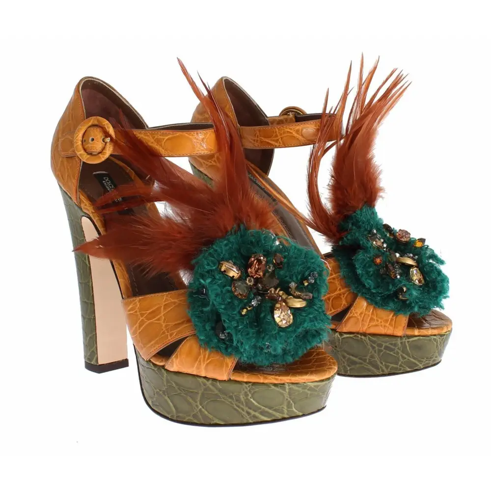 Dolce & Gabbana Orange Leder Kristall Plateau Sandale Schuhe