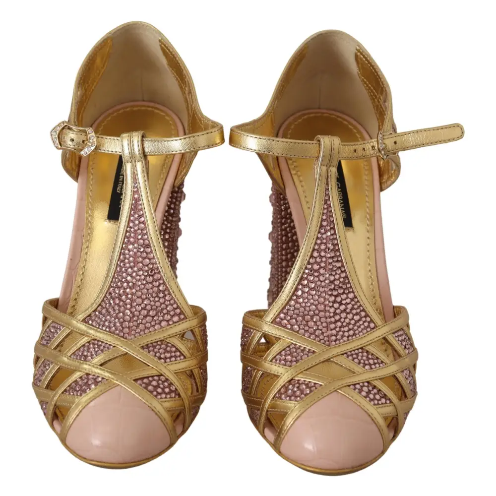 Dolce & Gabbana Rosa Gold Leder Kristall Pumps T-Riemen Schuhe