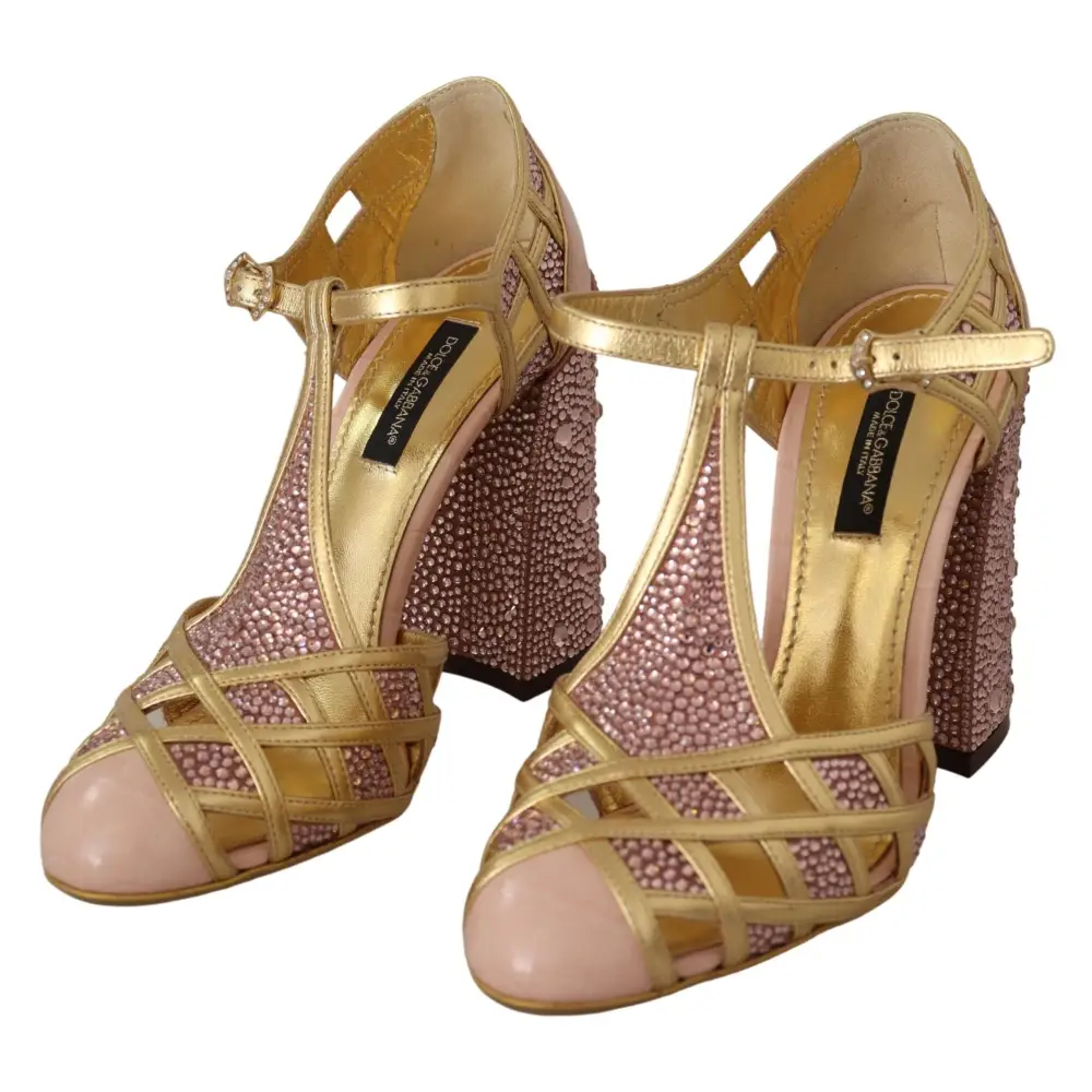 Dolce & Gabbana Rosa Gold Leder Kristall Pumps T-Riemen Schuhe