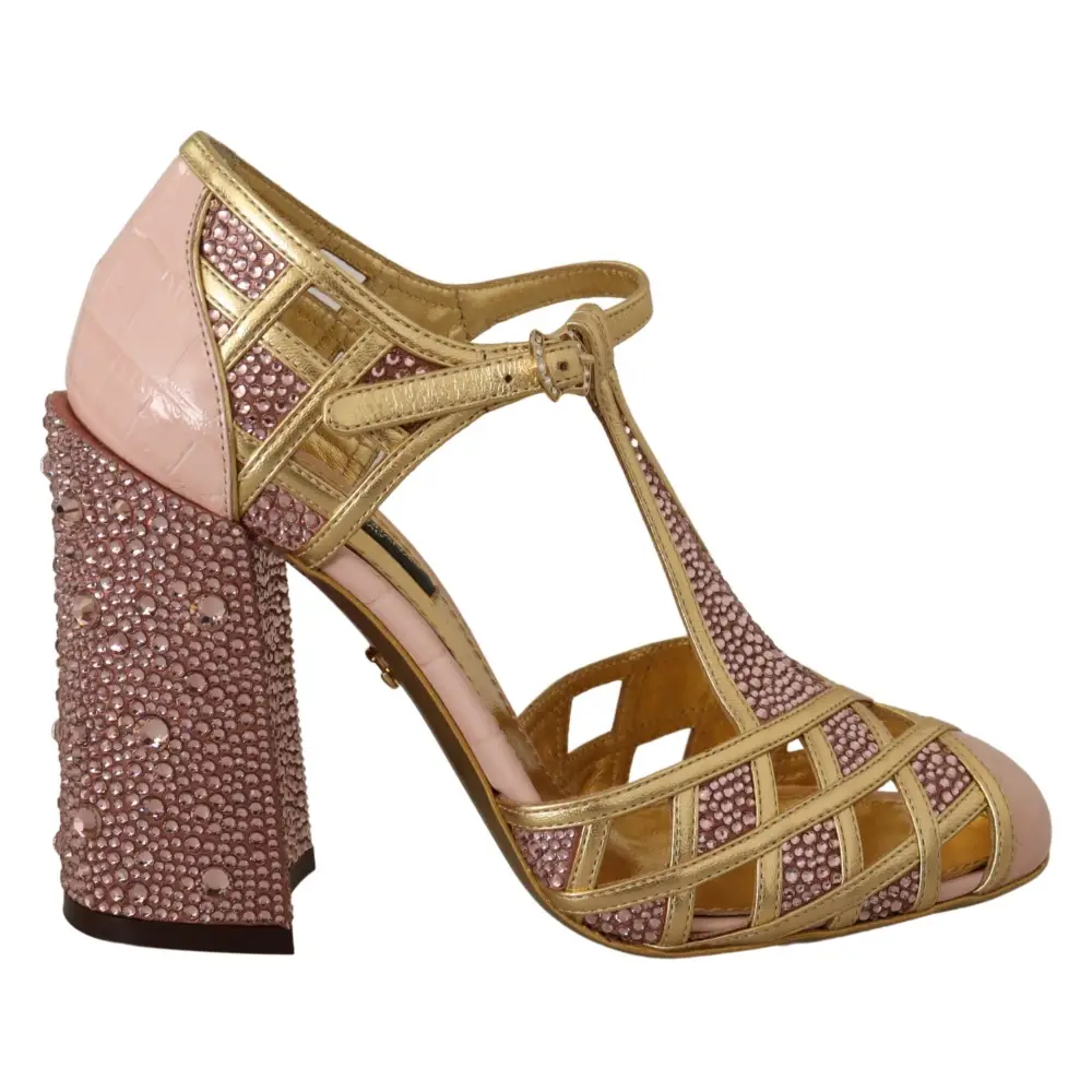 Dolce & Gabbana Rosa Gold Leder Kristall Pumps T-Riemen Schuhe