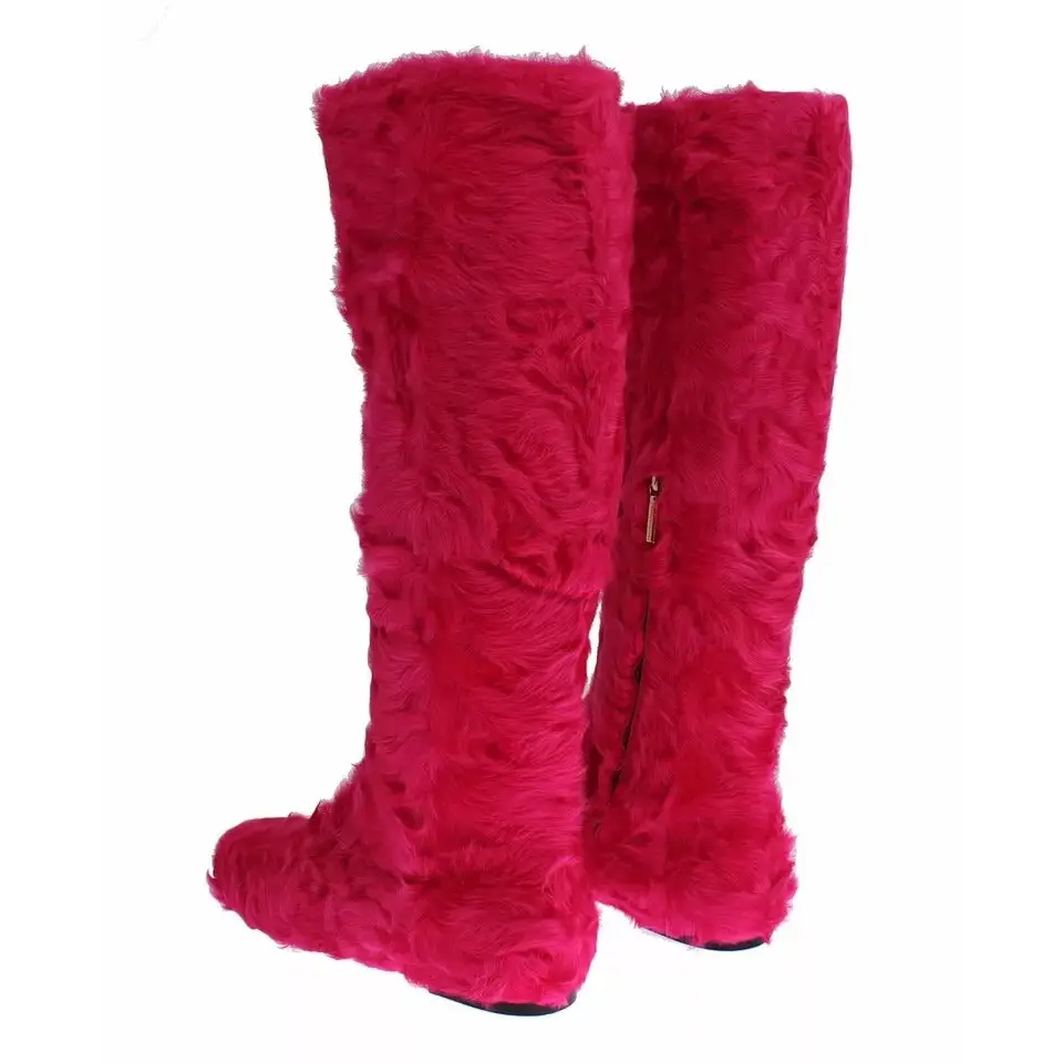 Dolce & Gabbana Rosa Lammfell Leder Flache Stiefel Schuhe - EU38/US7.5