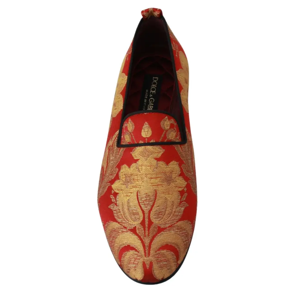 Dolce & Gabbana Rot Gold Brokat Hausschuhe Loafers Schuhe