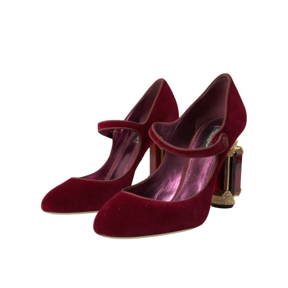 Dolce & Gabbana Rot Samt Gold Kristalle Heels Mary Jane Schuhe - EU40.5/US10