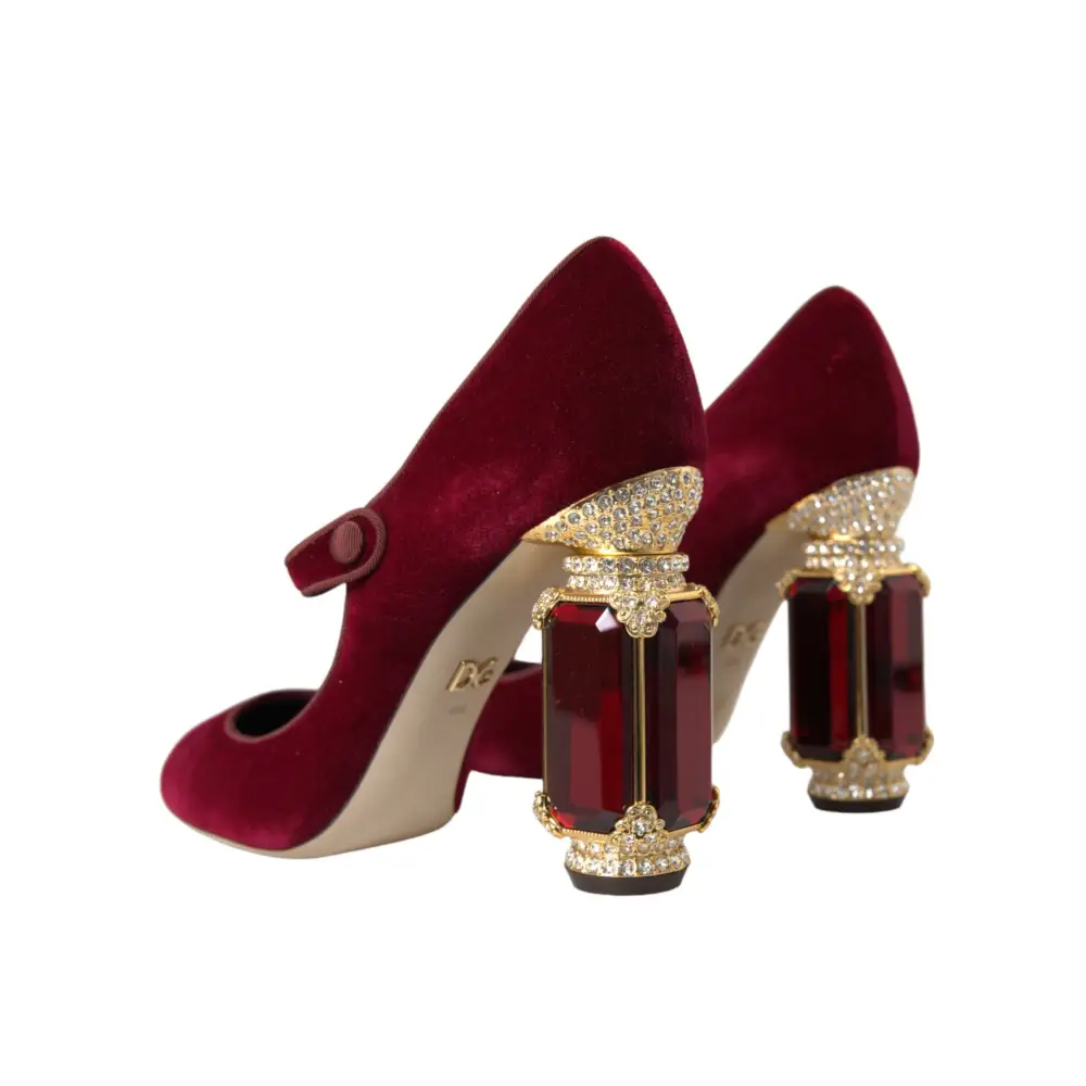 Dolce & Gabbana Rot Samt Gold Kristalle Heels Mary Jane Schuhe - EU40.5/US10