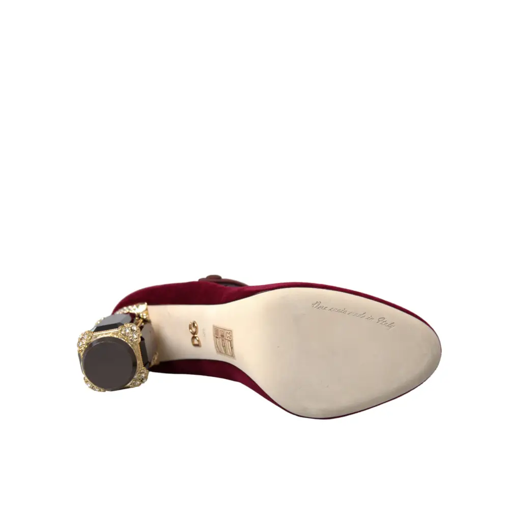 Dolce & Gabbana Rot Samt Gold Kristalle Heels Mary Jane Schuhe - EU40.5/US10