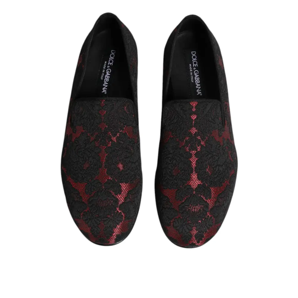 Dolce & Gabbana Rot Schwarz Jacquard Slip On Loafers Schuhe
