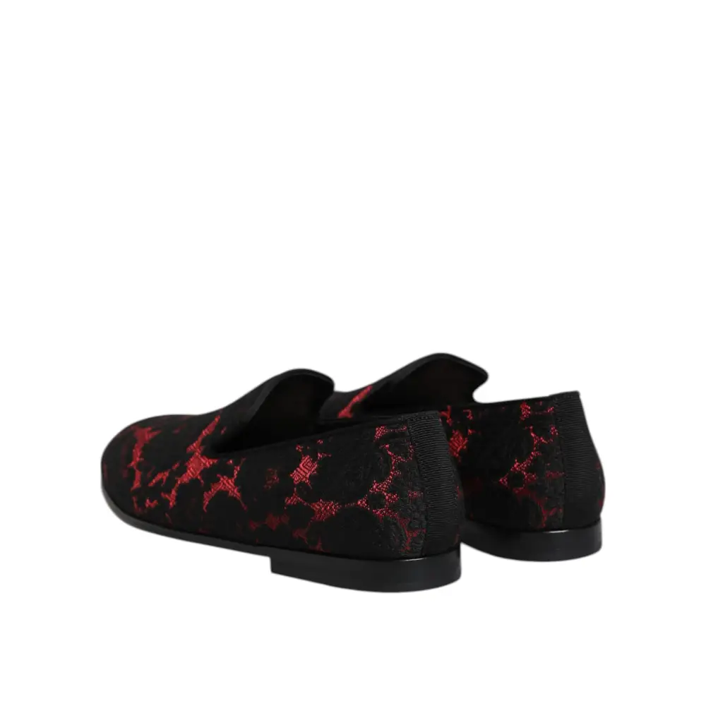 Dolce & Gabbana Rot Schwarz Jacquard Slip On Männer Loafers Schuhe - EU40/US7