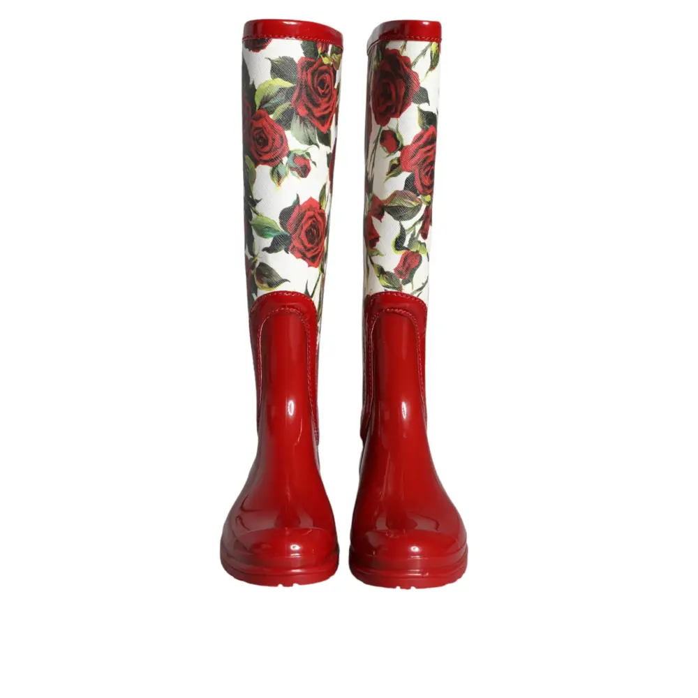Dolce & Gabbana Rote geblümte kniehohe flache Gummistiefel Schuhe - EU36/US5.5