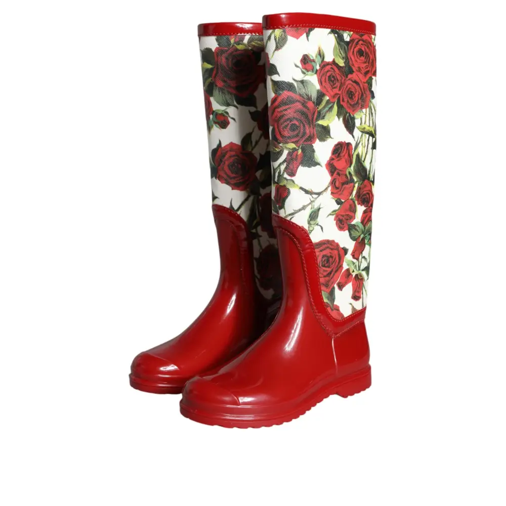 Dolce & Gabbana Rote geblümte kniehohe flache Gummistiefel Schuhe - EU36/US5.5