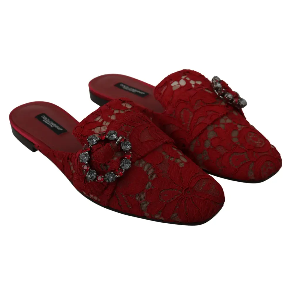 Dolce & Gabbana Rote Spitze Kristall Slide On Flats Schuhe - EU35/US4.5