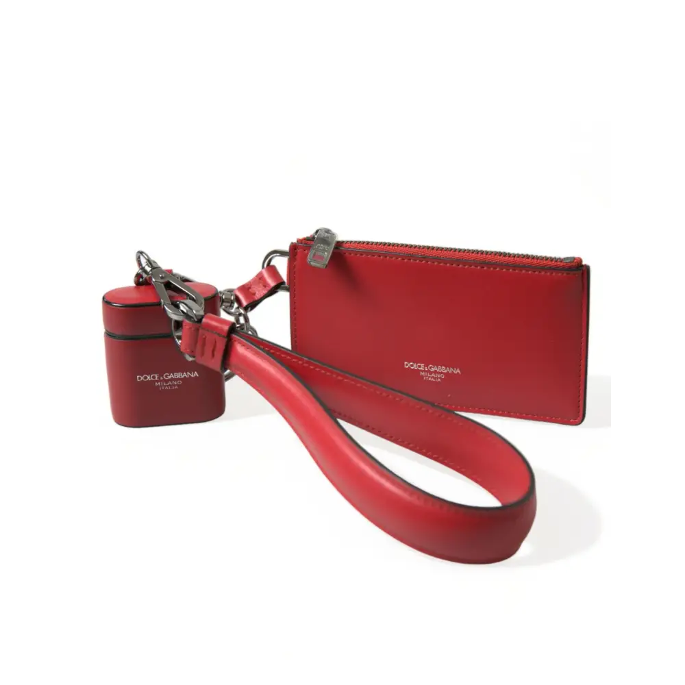 Dolce & Gabbana Rotes Leder Silber Metall Logo Riemen Tasche Airpods Fall