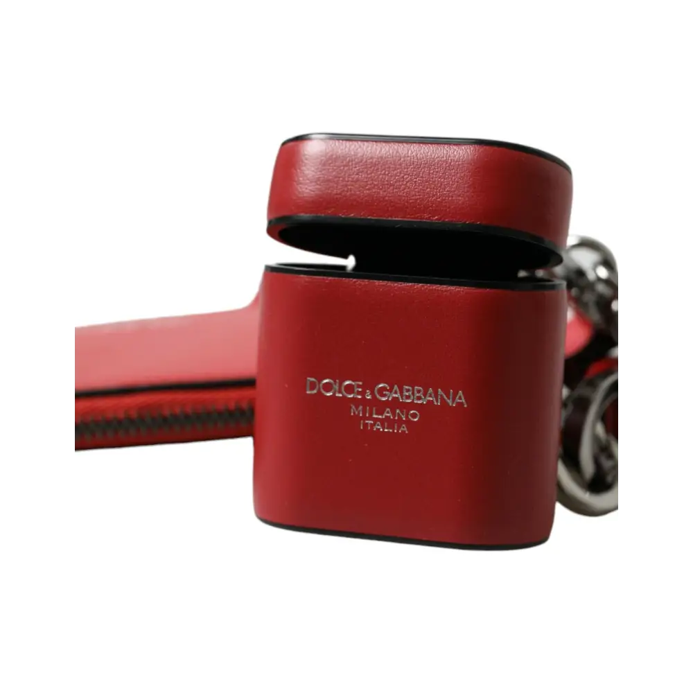 Dolce & Gabbana Rotes Leder Silber Metall Logo Riemen Tasche Airpods Fall