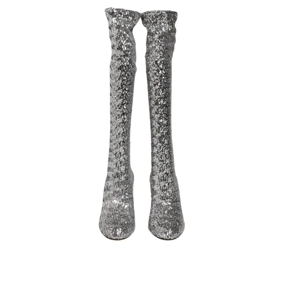 Dolce & Gabbana Schuhe Silber Pailletten Glitter High Heel Stiefel Schuhe