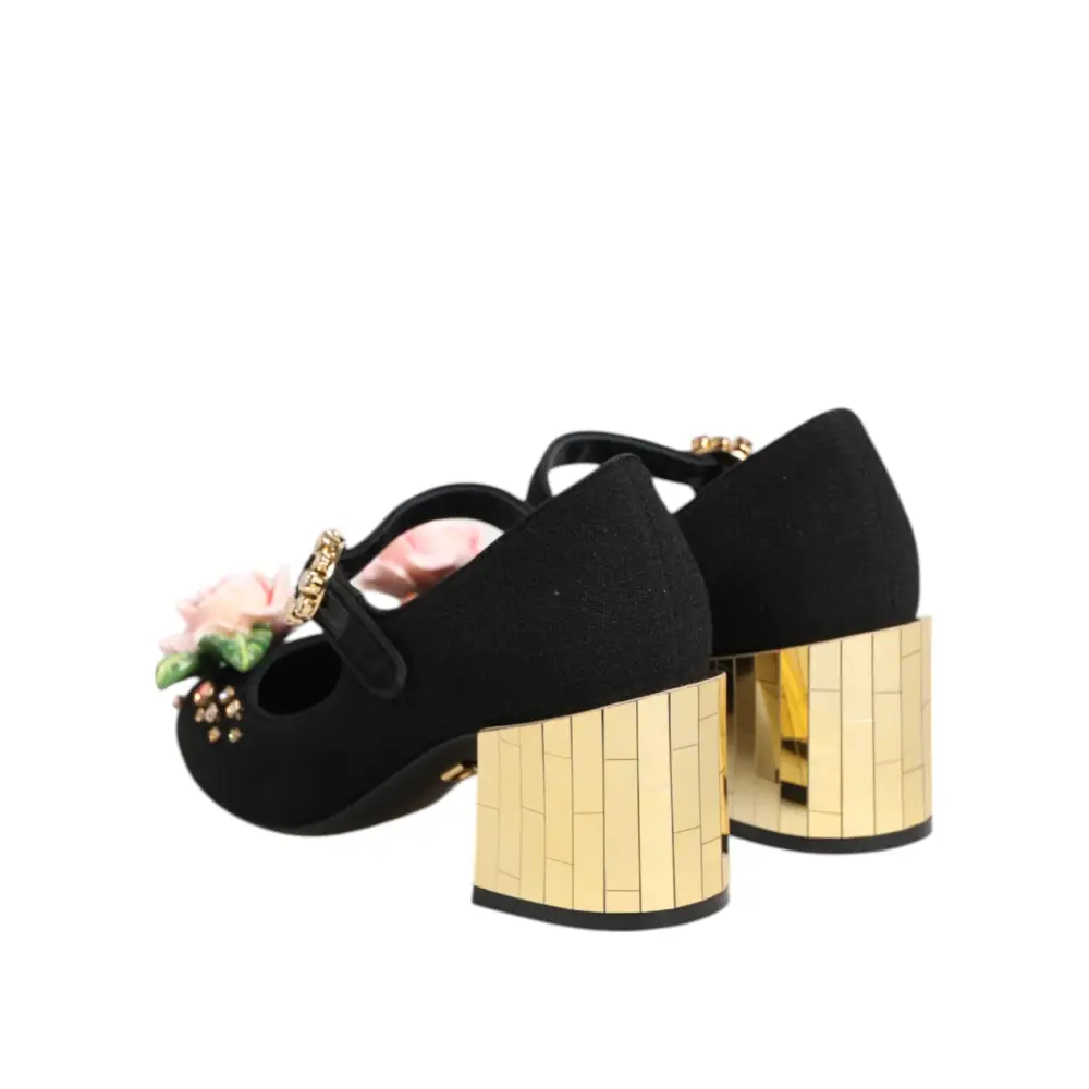 Dolce & Gabbana Schwarz Blume Kristall verschönert Mary Jane Schuhe