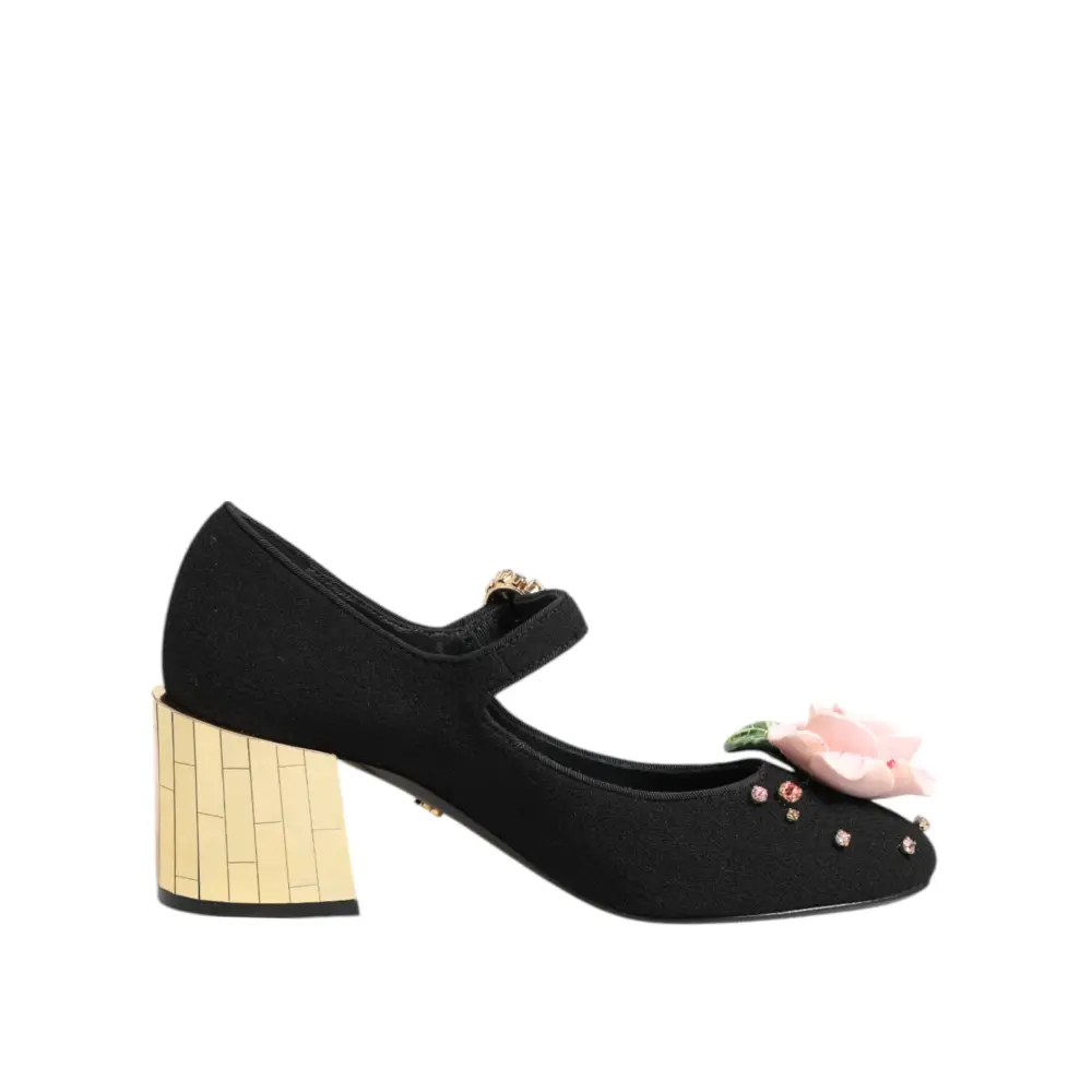 Dolce & Gabbana Schwarz Blume Kristall verschönert Mary Jane Schuhe