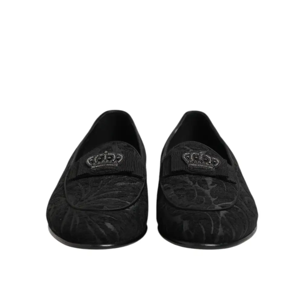 Dolce & Gabbana Schwarz Brokat Krone Loafers Kleid Schuhe